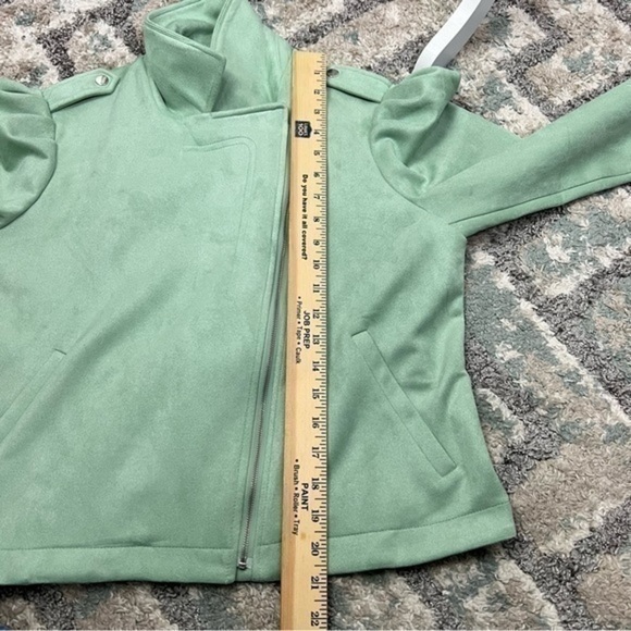 LC Lauren Conrad Moto Jacket womens size medium green zip up puff sleeve - Picture 9 of 12